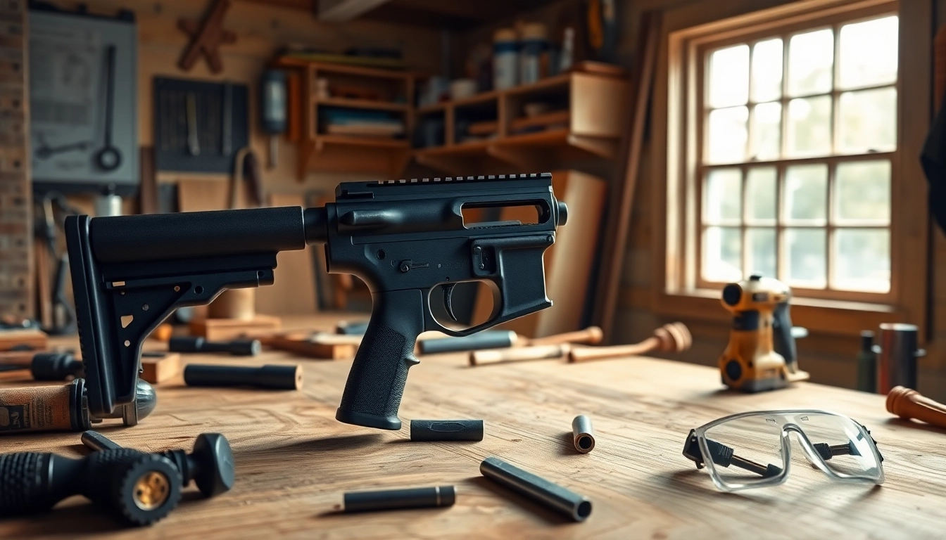 Assembling a polymer 80 frame kit with tools on a wooden workbench.