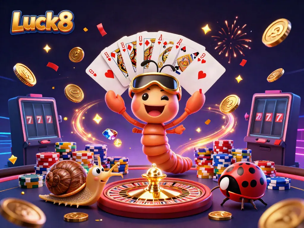 Luck8 delivers an exciting casino atmosphere with a cartoon dealer, vibrant chips, and festive effects.