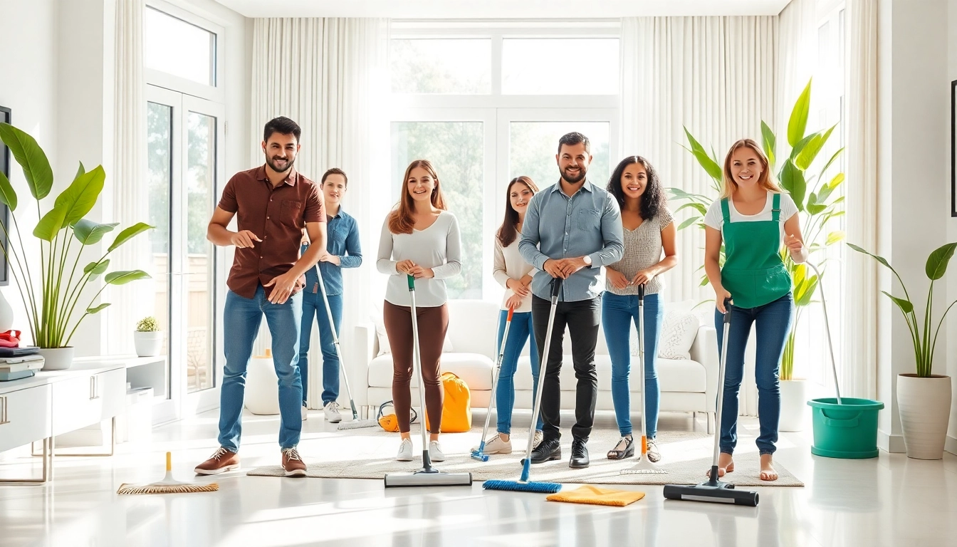 Cleaning Service professionals efficiently tidying a bright and modern living room space.