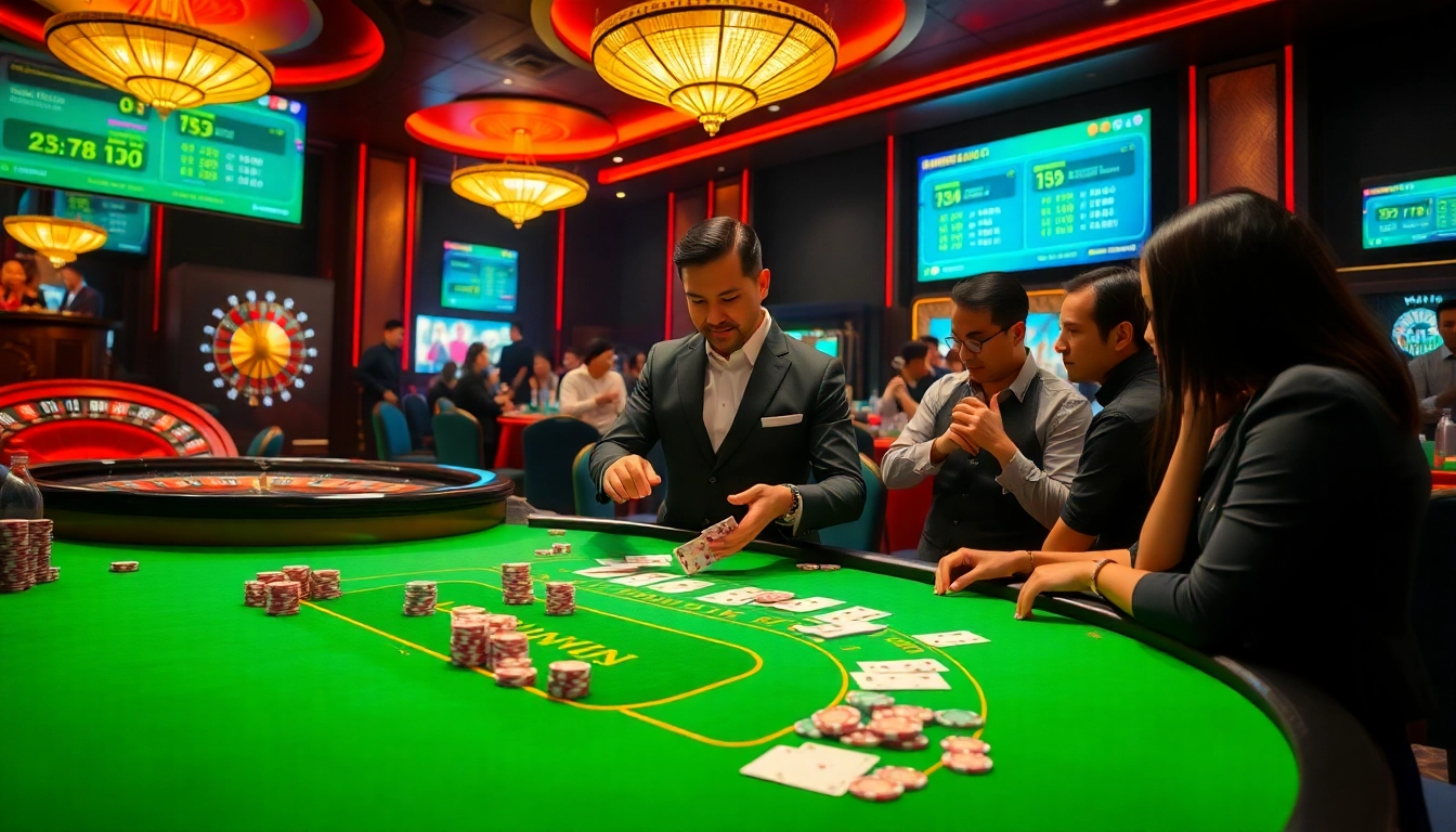 Engaging poker players at Sunwin's luxurious casino table with vibrant chips and cards.