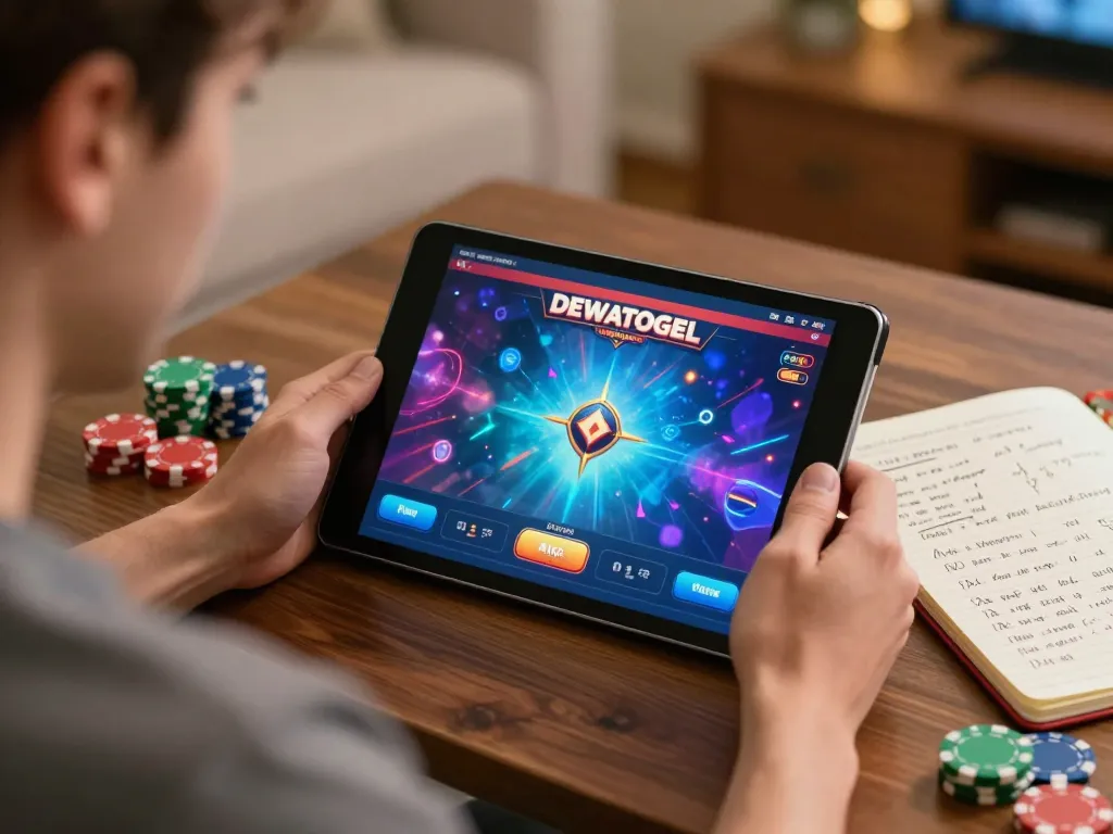 Player strategizing on DEWATOGEL online gaming amidst vibrant home setting.