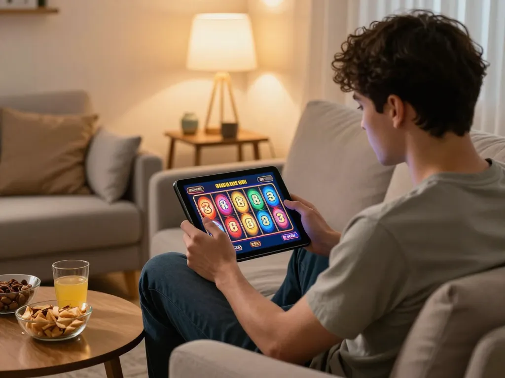 Player spinning slot reels on tablet in cozy home setting with snacks and drinks