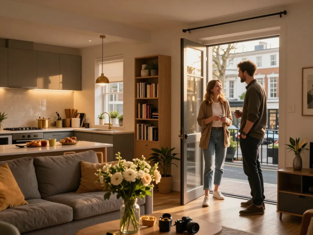 Airbnb management London: Stylish host greets guests in a cozy London apartment with fresh flowers and warm lighting.