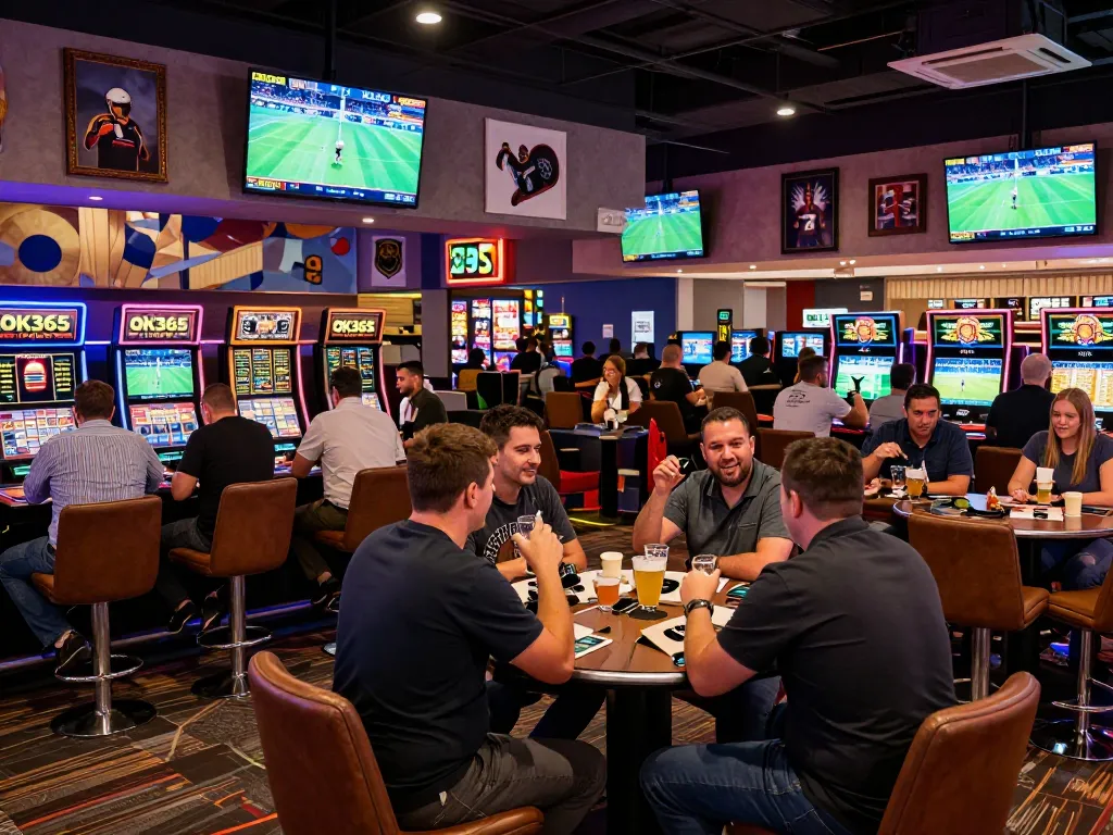 Patrons engaging in sports betting at OK365 casino, screens displaying live odds and games.
