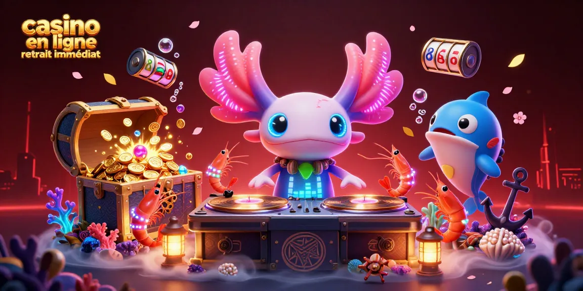 Jouez à casino en ligne retrait immédiat avec un DJ axolotl et des personnages sous-marins dans une scène dynamique.