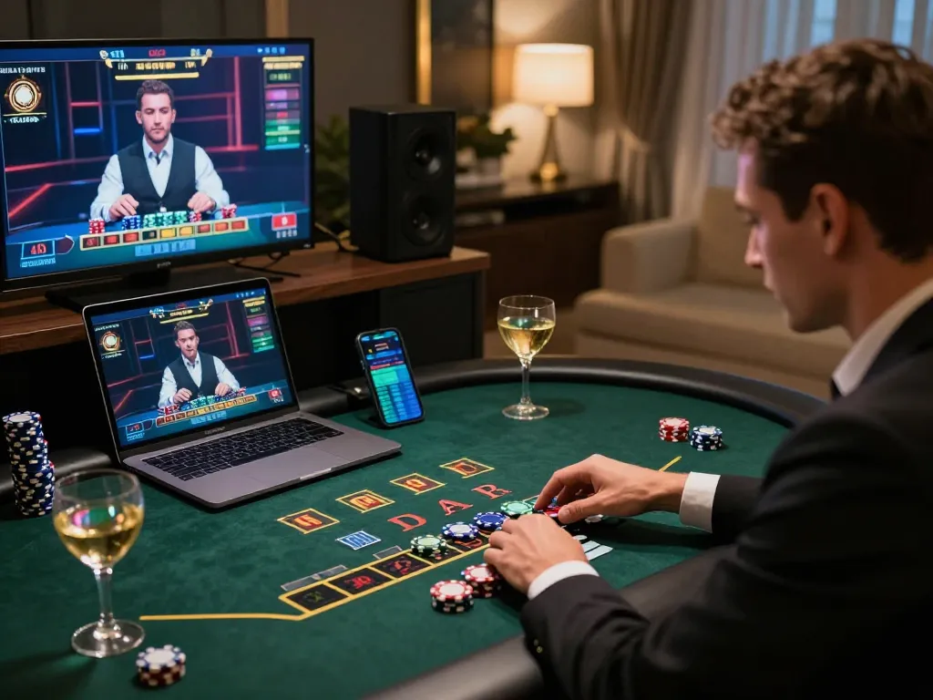 Engaging in blackjack online on sky88 com, showcasing strategic betting and modern gaming setup.