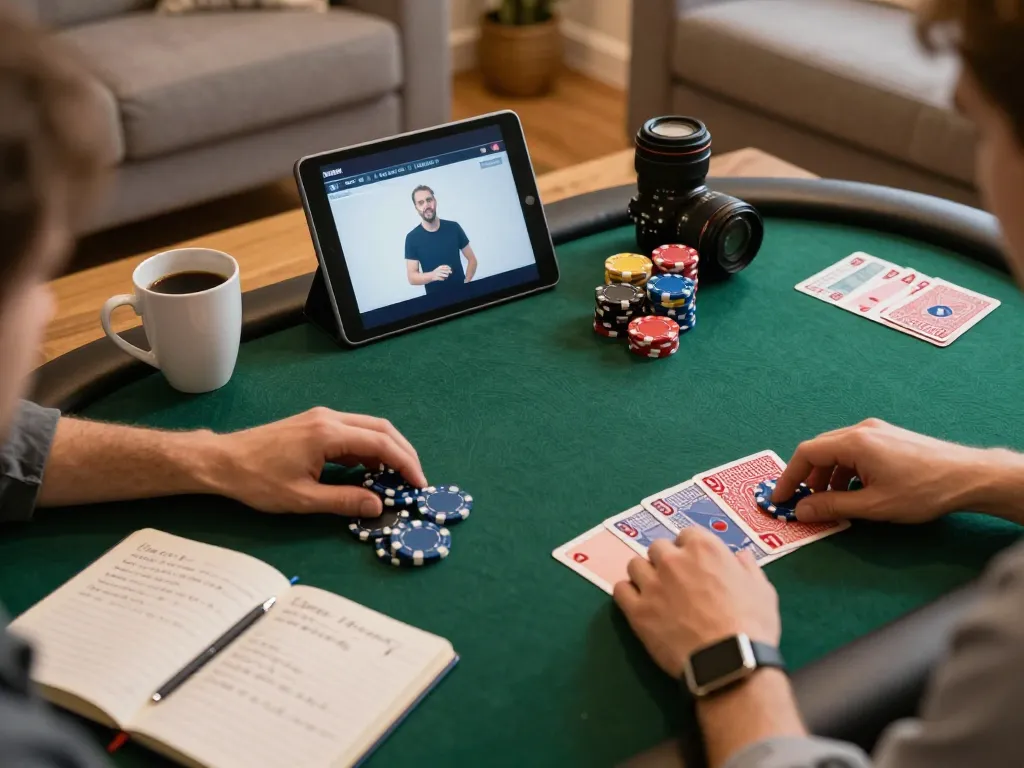 Kuwin players enjoy a home poker game with strategy notes and chips
