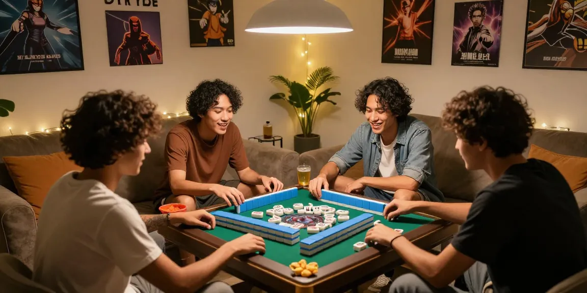 Friends enjoying a lively Mahjong game session with snacks, showcasing MAHJONGJP88.