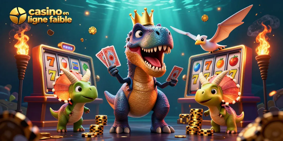 Illustration dynamique de casino en ligne fiable avec un T-Rex et des jetons dorés.