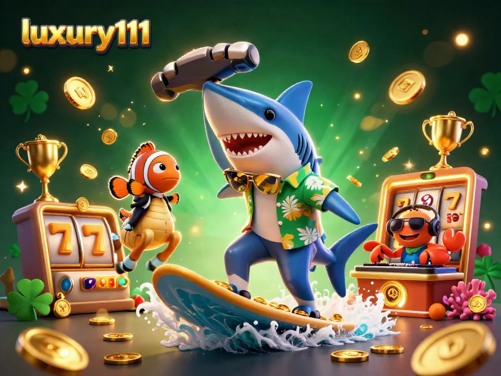 Experience luxury111 in an exciting casino scene with a cartoon shark and gold coins.