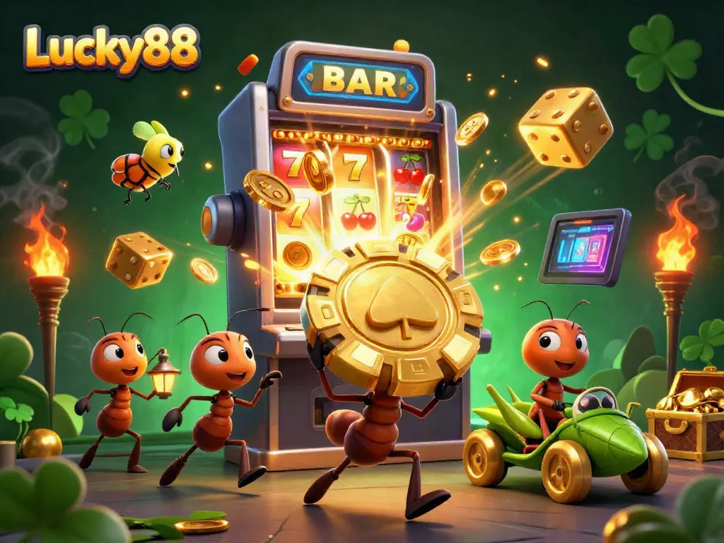 Experience the excitement at Lucky88 with a heist team of ants in a vibrant casino scene filled with treasures.