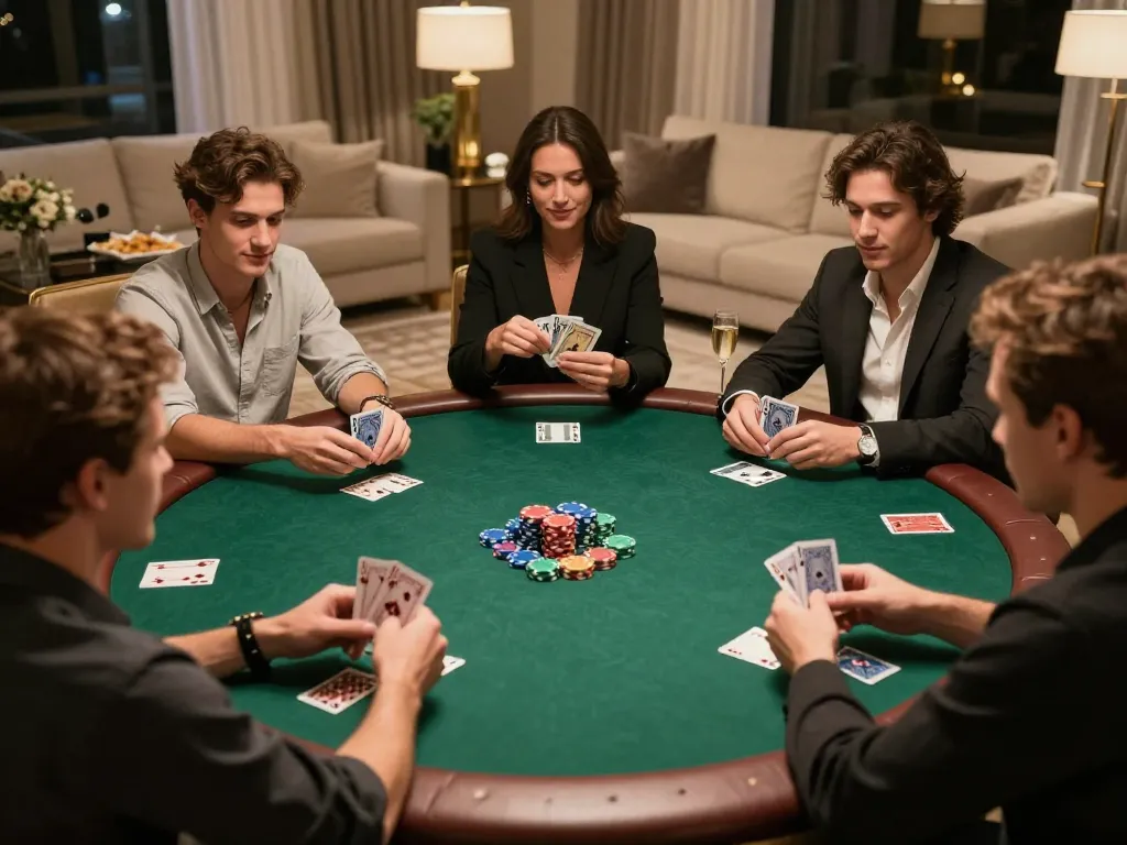Intense home poker night scene featuring friends playing poker, showcasing casino non aams legali excitement in a cozy atmosphere.