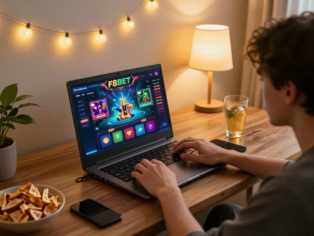 F8BET user engaging with online casino gaming on laptop in a cozy living room setting.
