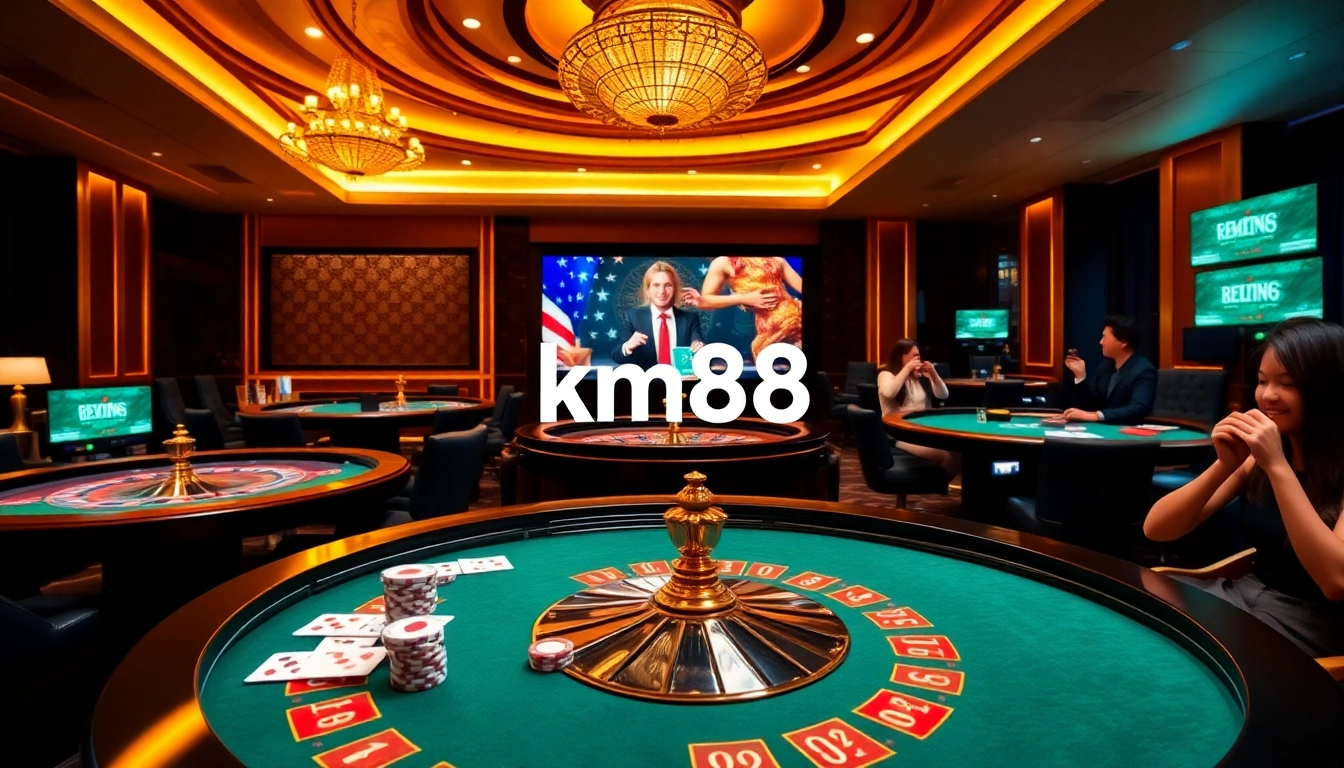 Experience thrilling bets with km88 on a luxurious casino table surrounded by cards and chips.