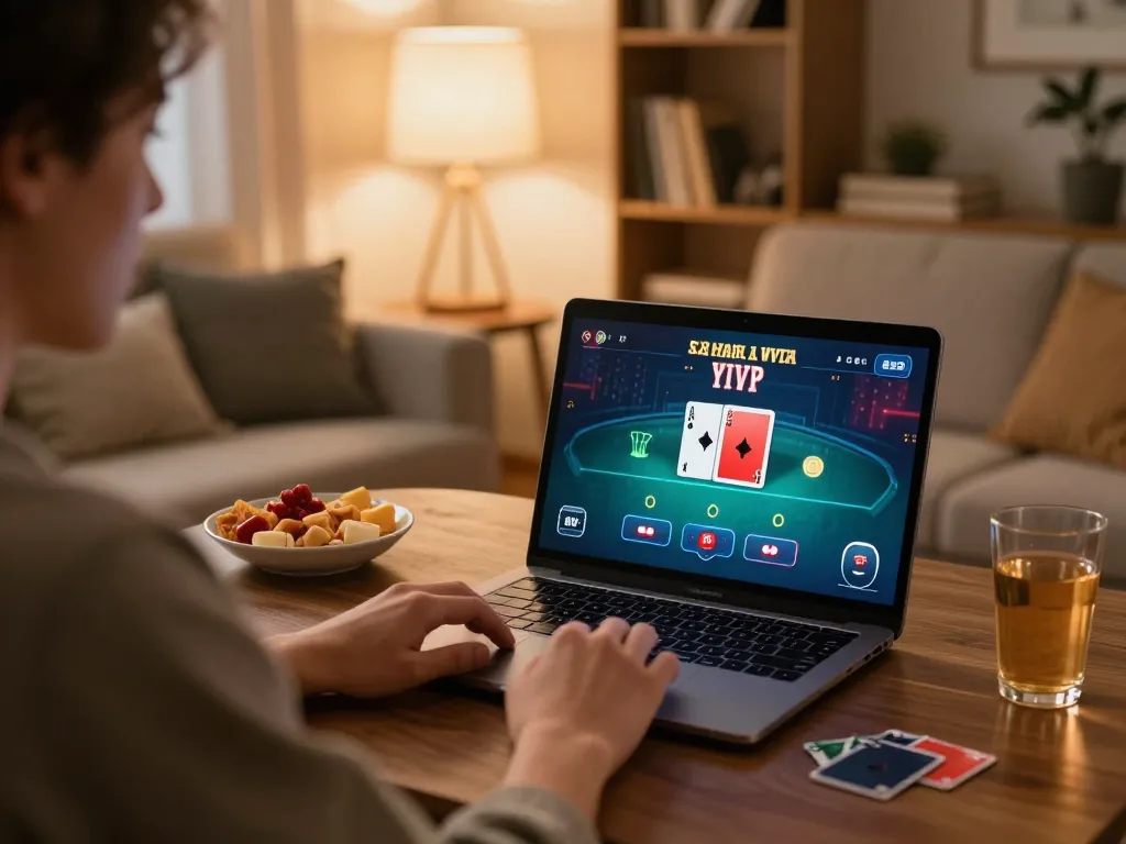 Engaging in a poker game online on link gg88 with cozy home setting, snacks, and drinks visible.