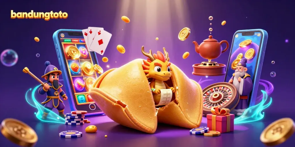 Play exciting games on bandungtoto with a vibrant 3D casino scene featuring dragon and fortune cookie.