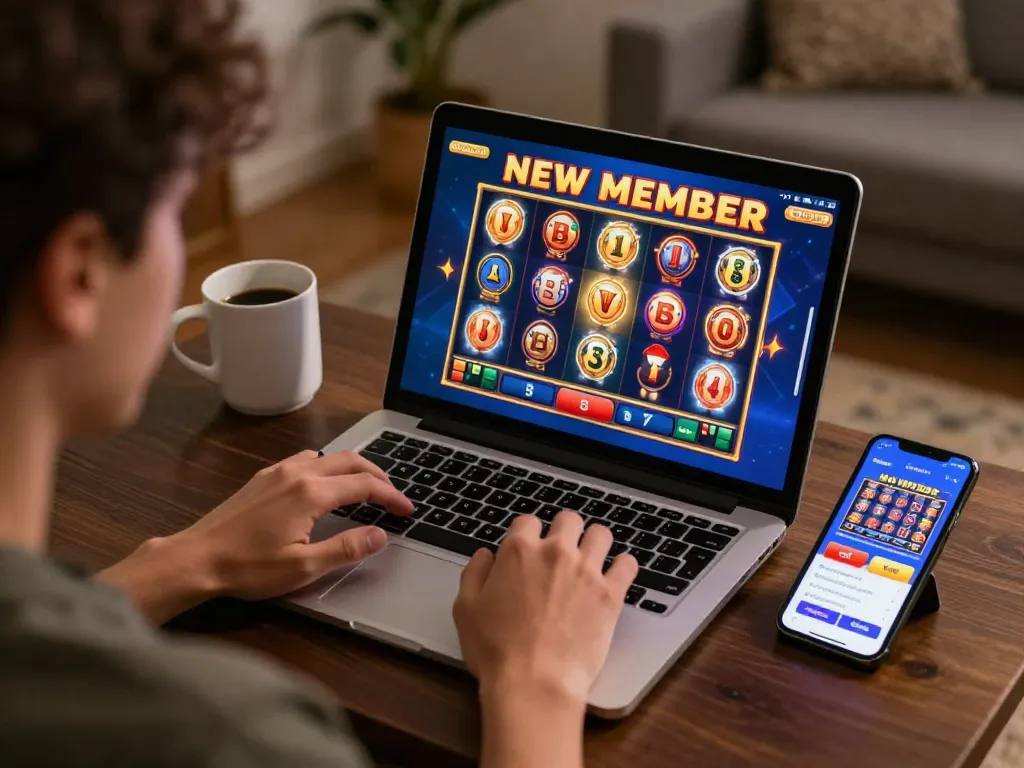 Player enjoying online slots while claiming bonus new member promotions, showcasing vibrant game graphics