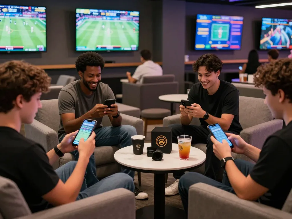 MM88 đăng ký experience with diverse individuals enjoying mobile betting in a vibrant lounge