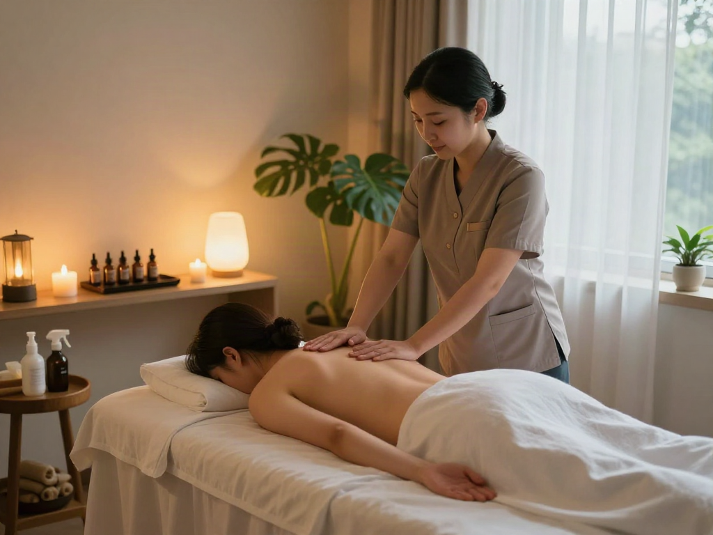 Relaxation moment during 금촌출장마사지 therapy session in tranquil studio, soothing atmosphere with candles and calming lights.