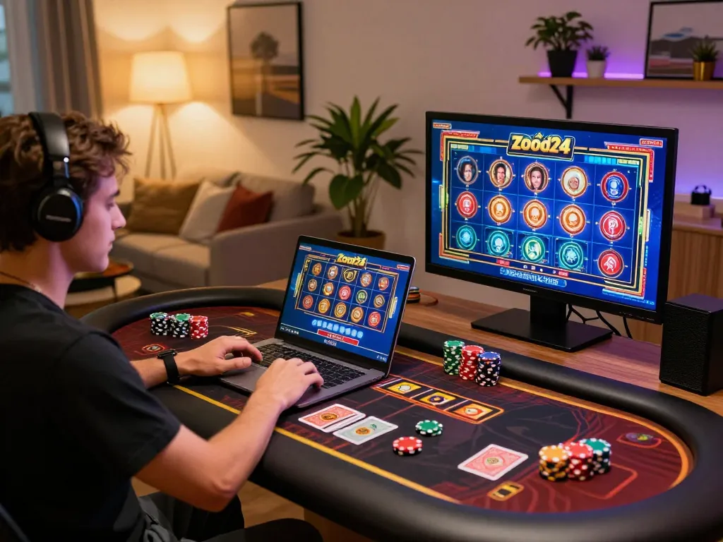 Play exciting online slots at zood24 with immersive home gaming setup and colorful game accessories