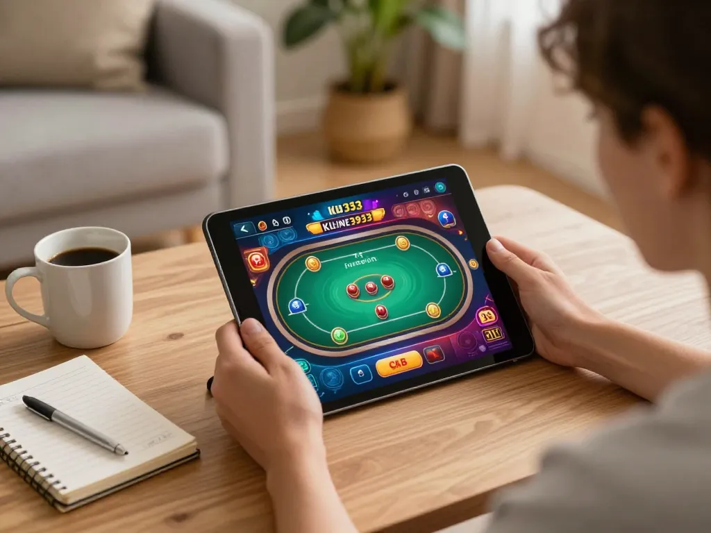 Kubet3933 online casino session with a player using a tablet in a cozy home setting.