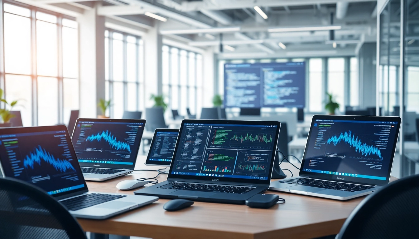 Showcase of ai tools on a modern desk with sleek laptops and interactive screens.