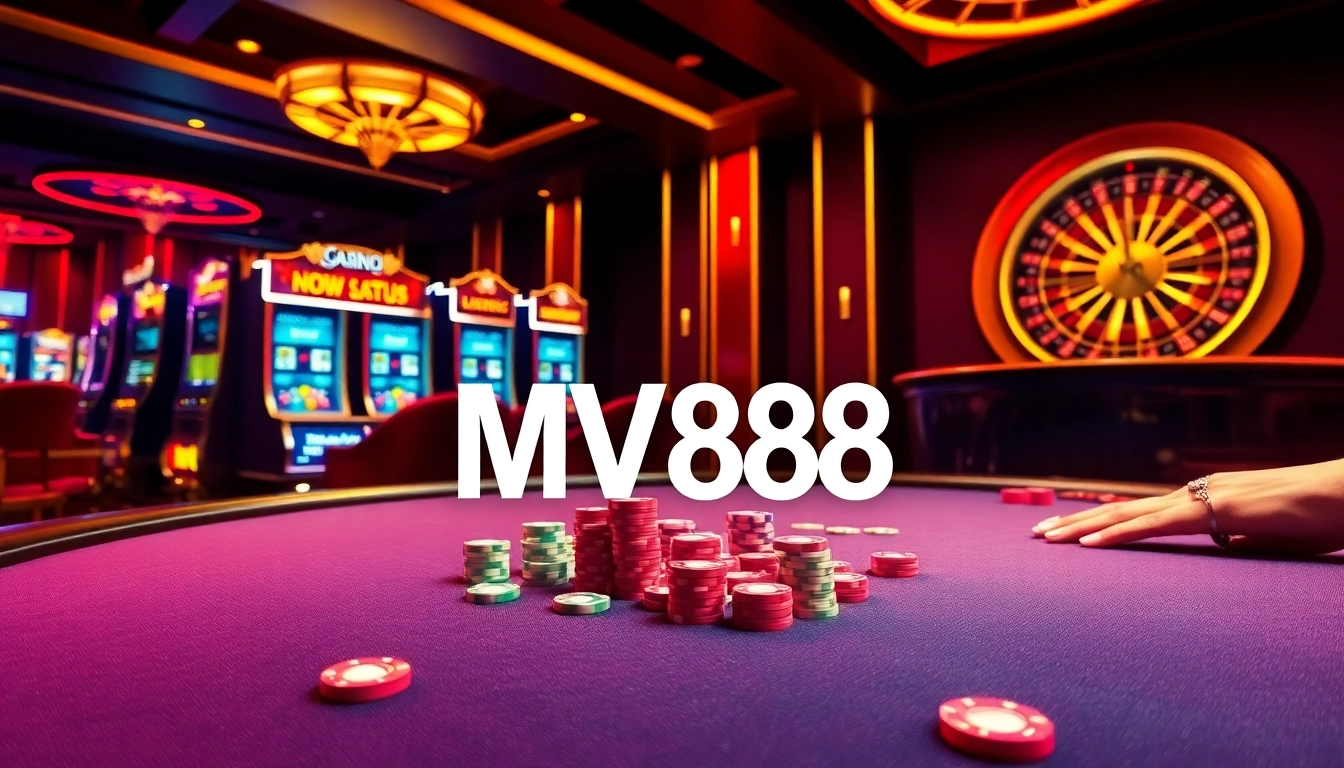Action-packed casino scene with players at MV888 poker table and vibrant slot machines.