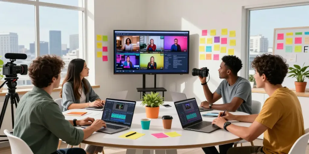 Dynamic social media video production in Los Angeles, California, with a creative team collaborating in a modern studio.