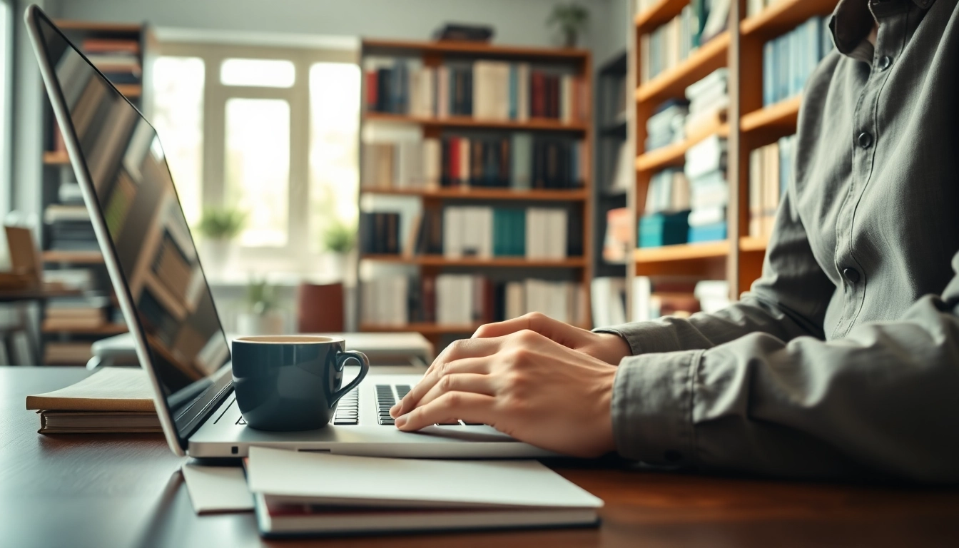 Expert translator working diligently at https://www.elitetranslingo.com, surrounded by multilingual resources.