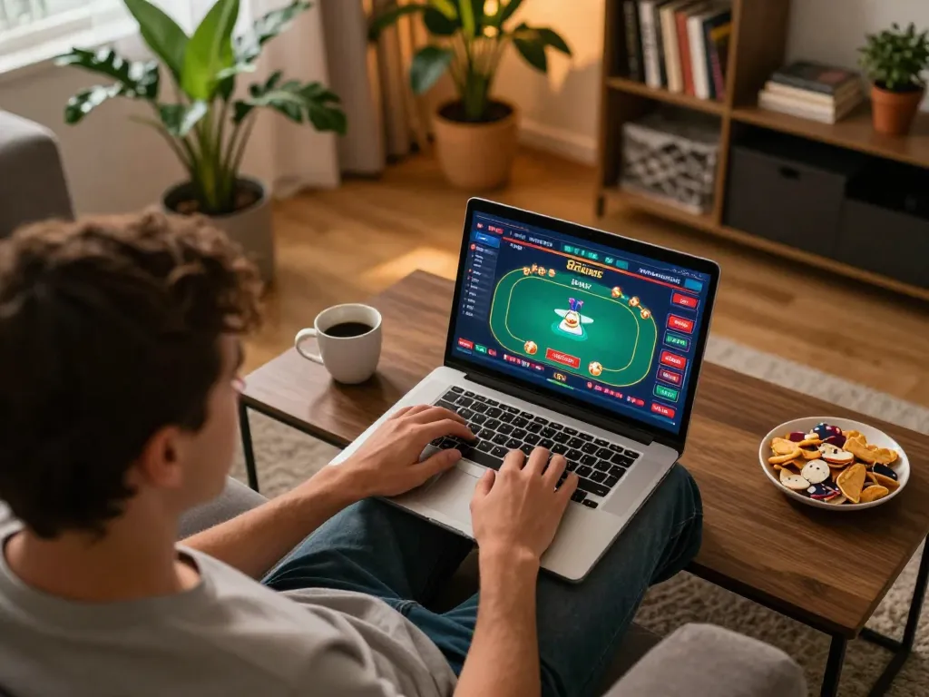 Playing poker on link 98win in a cozy home setting with snacks and warm lighting.