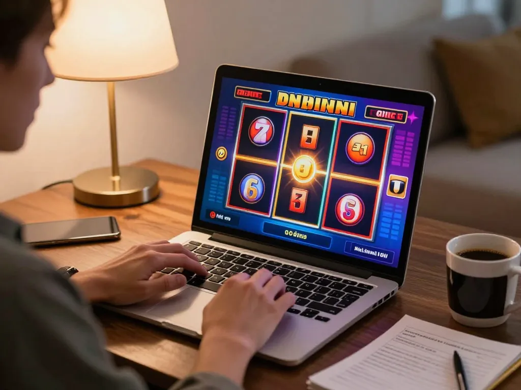 Bermain slot di laptop di rumah, menunjukkan kegembiraan permainan online hoki88.
