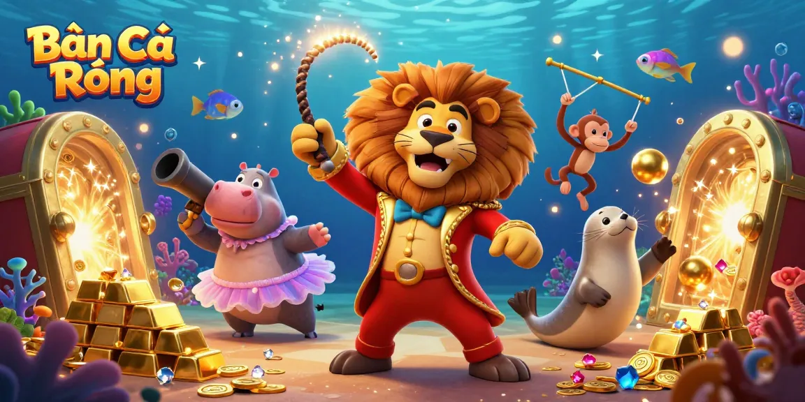 Engage with Bắn Cá Rồng in this vibrant underwater casino scene featuring dynamic sea creatures and treasures.