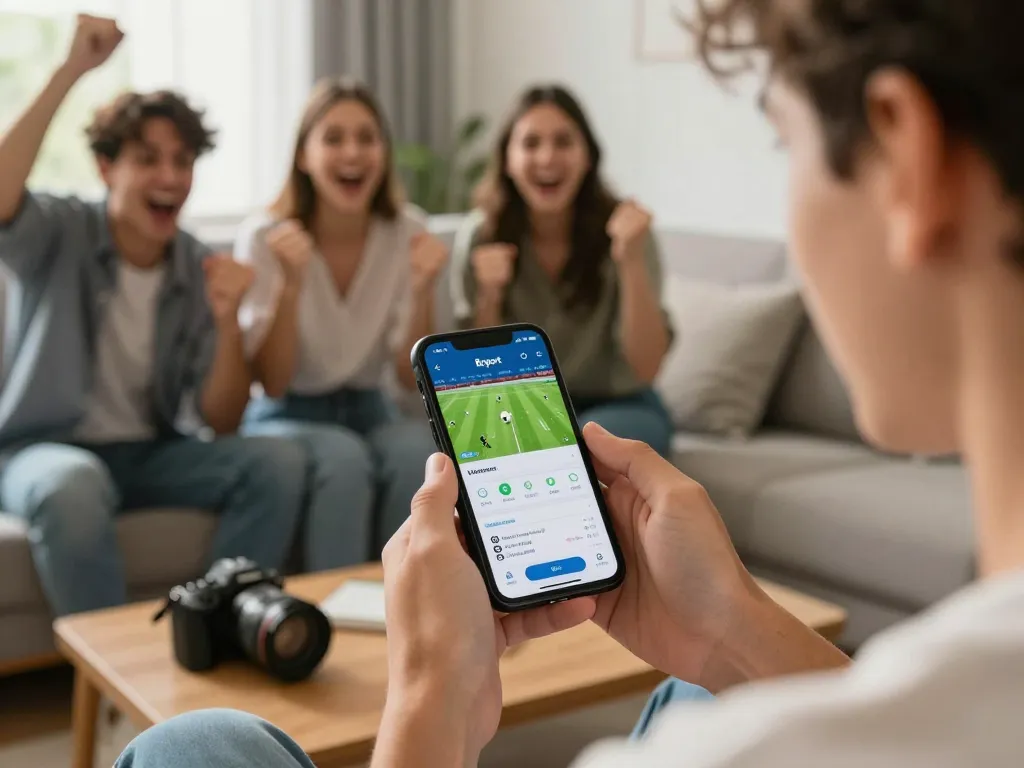 Placing bets on Bsport app during a live football match viewing party at home