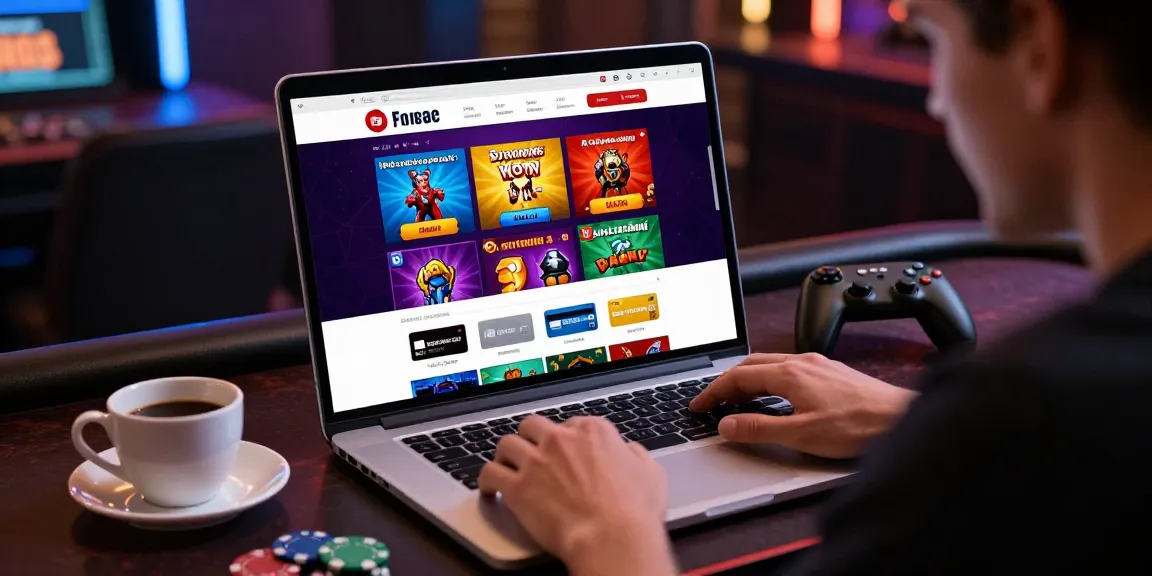 Player enjoying casinos that accept credit card at a laptop with vibrant game selections and promotional banners.