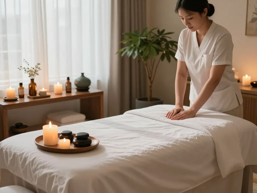 Experience 강남마사지 in a serene and luxurious spa environment, featuring plush decor and calming light.