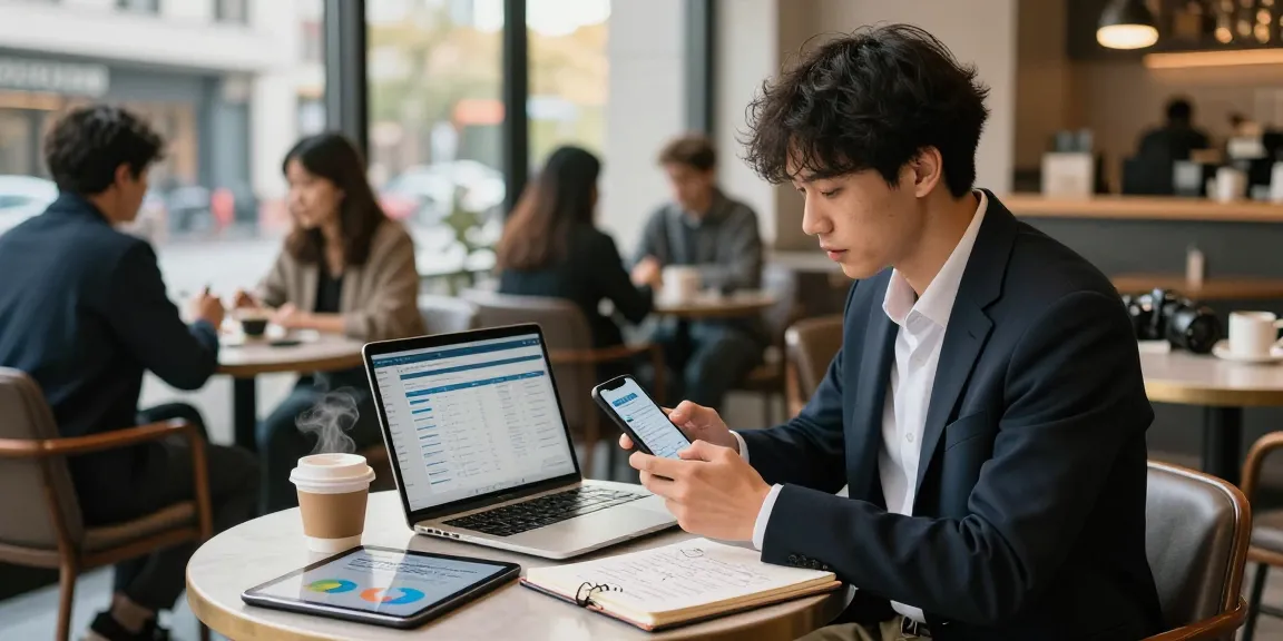 Youthful professional exploring 소액결제현금화 strategies at a café with laptop and smartphone.