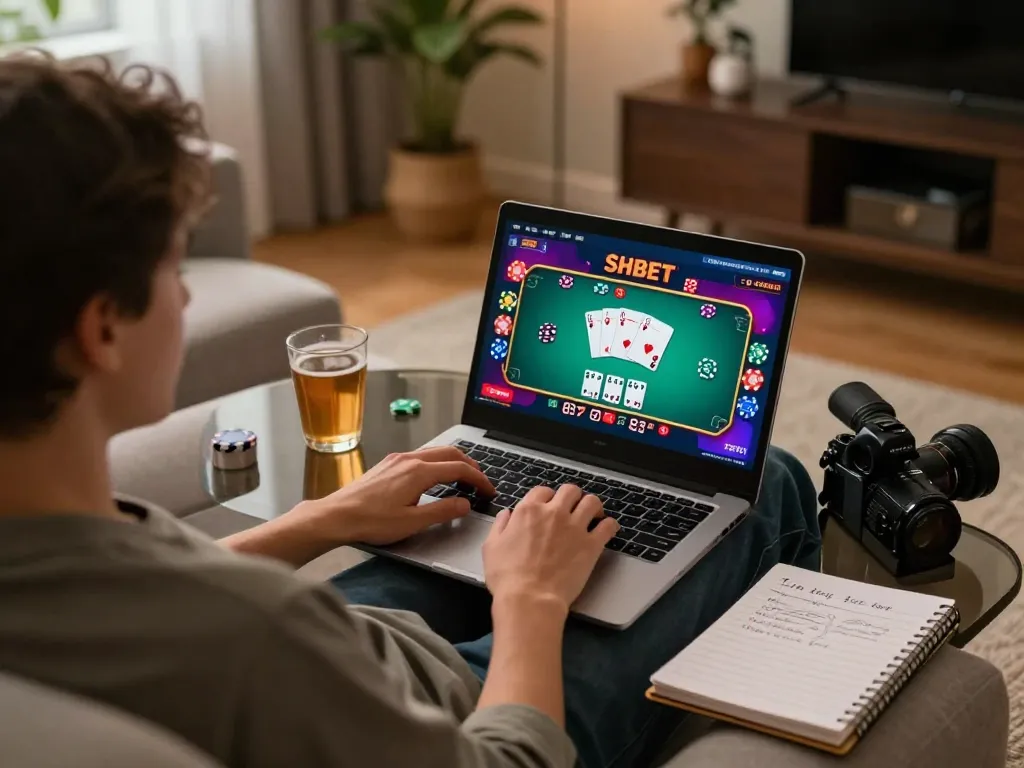 Engaged player enjoying SHBET online casino gaming on a laptop with strategic notes nearby.