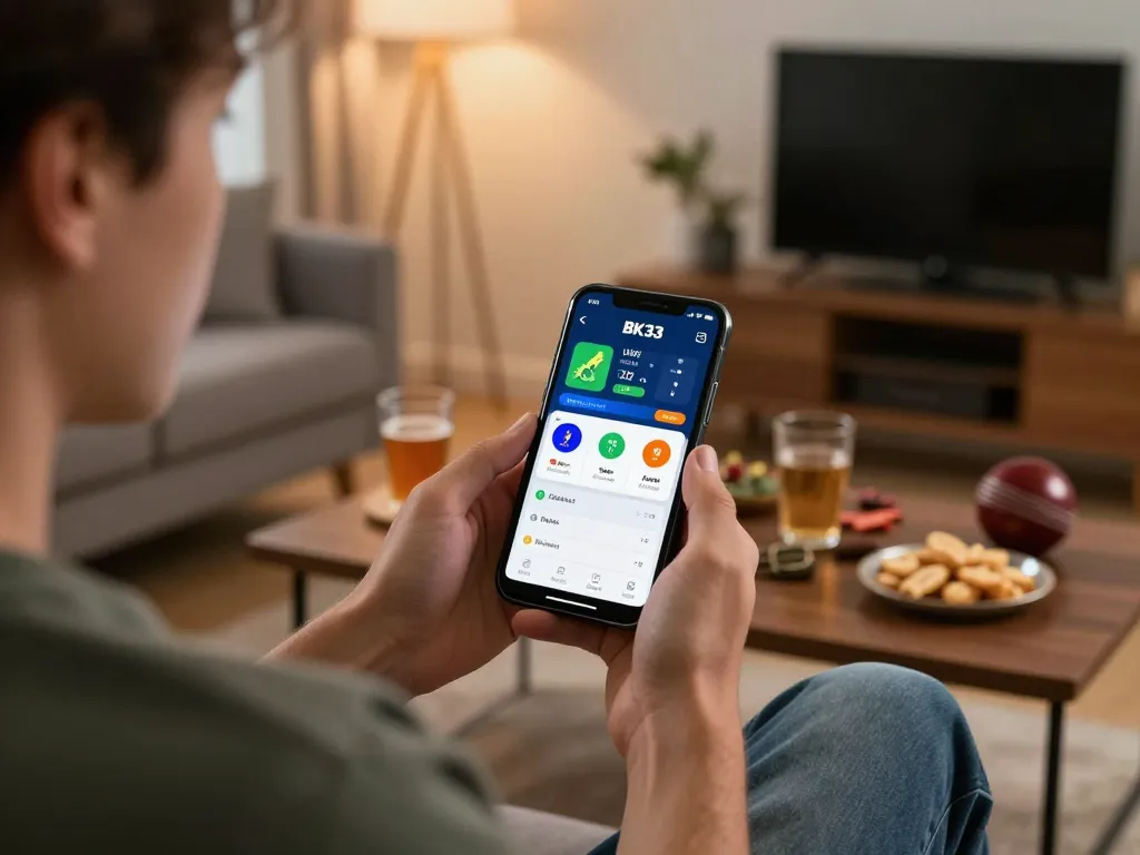 Placing bets on BK33's cricket betting app in a cozy home setting