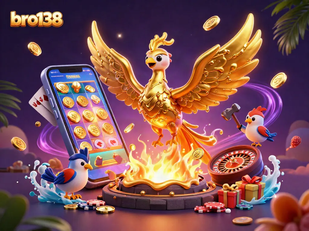 Experience thrilling gameplay with bro138's vibrant casino scene featuring dynamic slot games and golden coins.