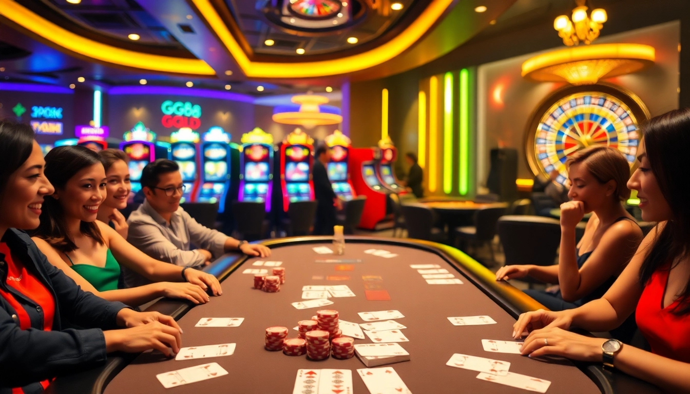 Players engaging at a luxurious poker table and lively slot machines at https://gg88.gold/, depicting high-stakes excitement.