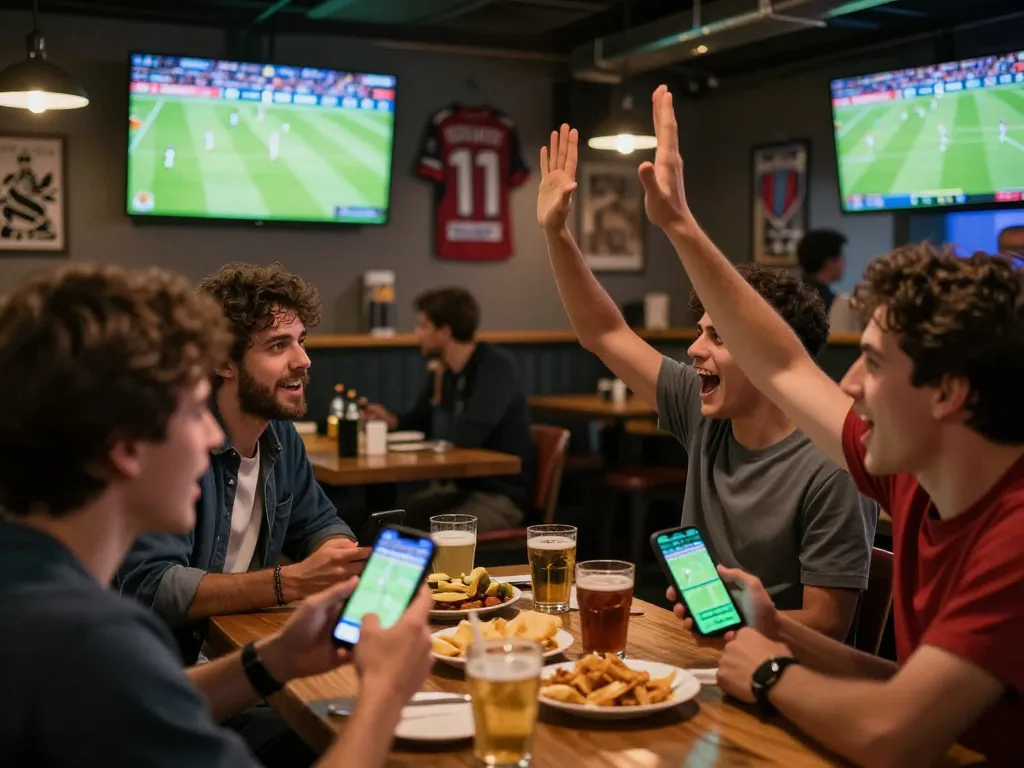 Fans celebrate a goal while using 7m betting apps in a lively sports bar atmosphere.