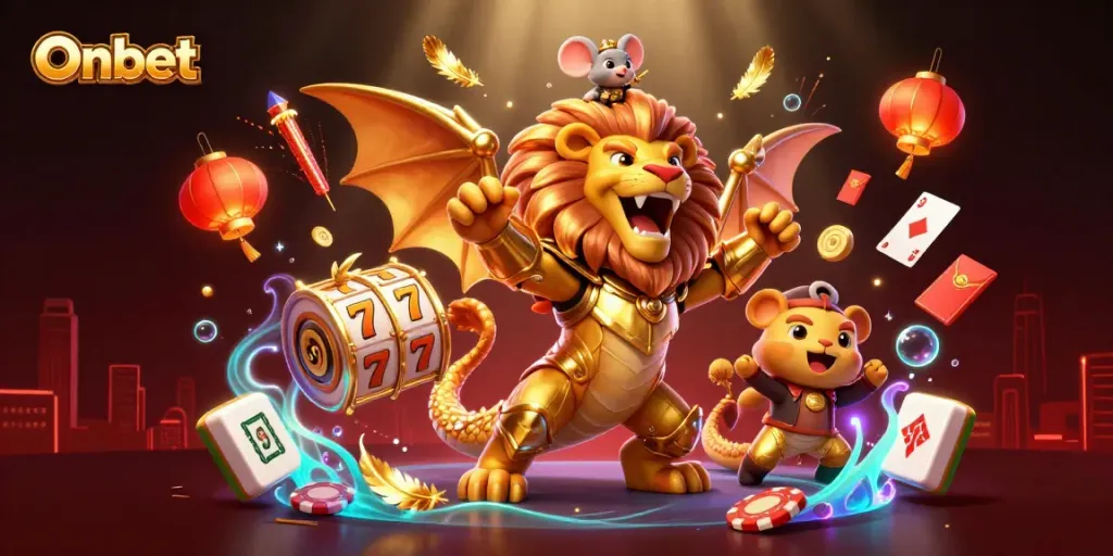 Onbet showcases thrilling slots with golden luck in an exciting 3D casino scene.
