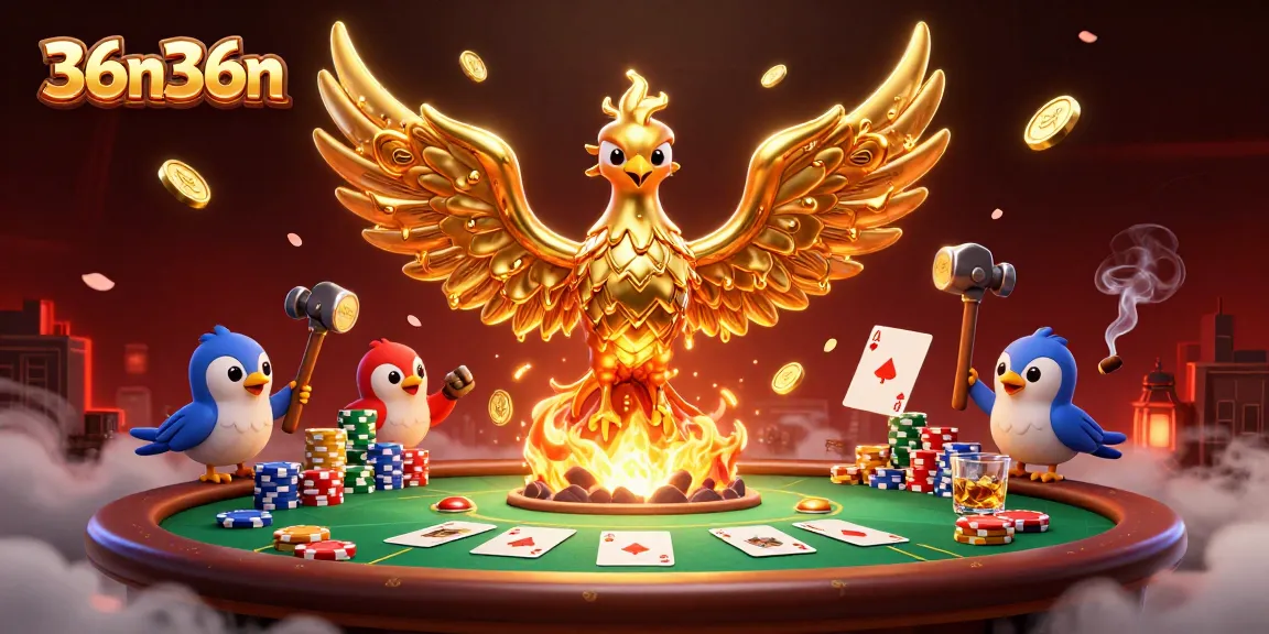 Experience a thrilling poker scene with 36n36n through a golden phoenix and chips.