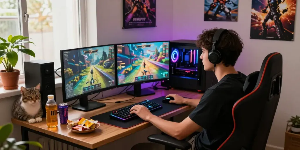 Engaging gaming lifestyle scene with rokok88, showcasing modern gaming setup and vibrant atmosphere.