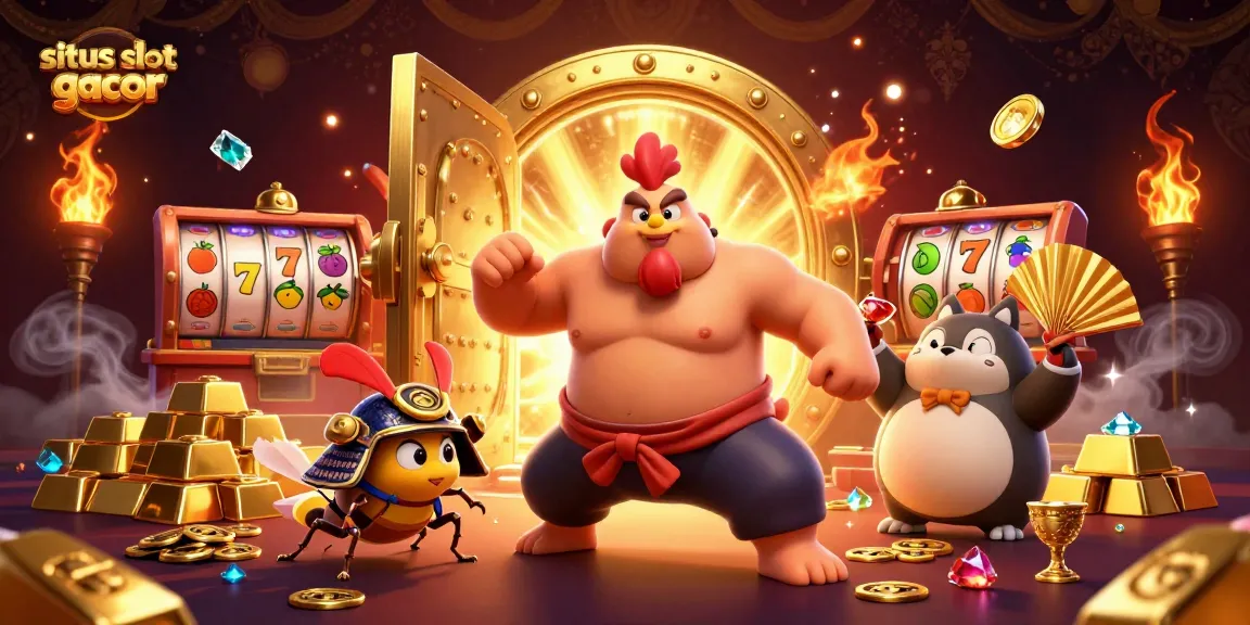 Situs slot gacor showcases a vibrant scene with sumo rooster and cricket amid casino slots and gold