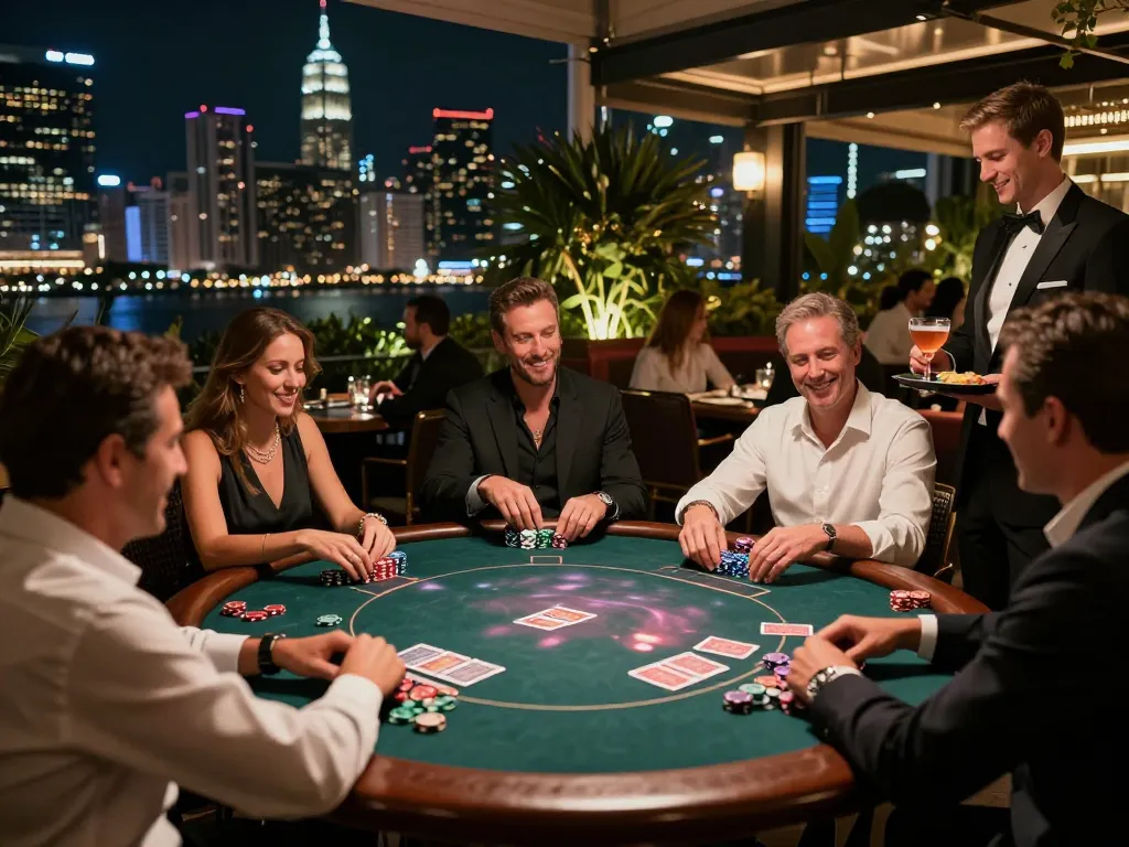 Engaged players enjoying poker at a luxury casino terrace, embracing the thrill of tx88