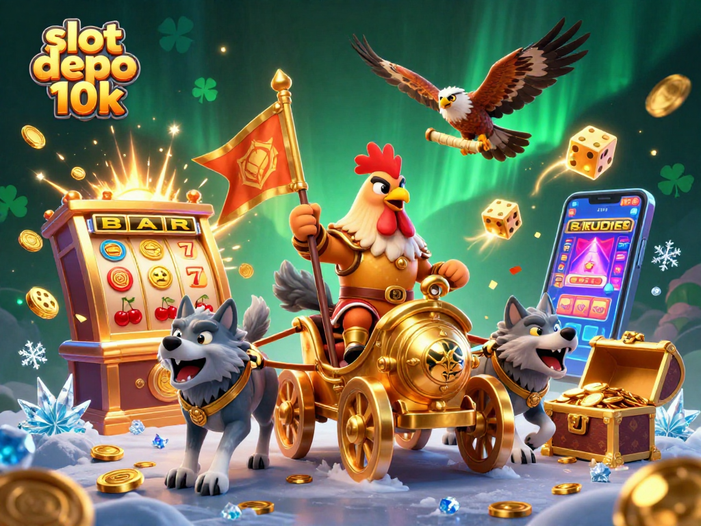 Memainkan slot depo 10k dengan mesin slot mega yang meledak, dikelilingi oleh simbol keberuntungan dan koin emas.