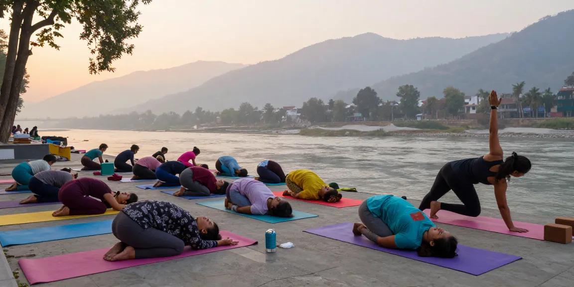 Yoga instructor certification in India, featuring diverse trainees practicing yoga by the Ganges in Rishikesh.