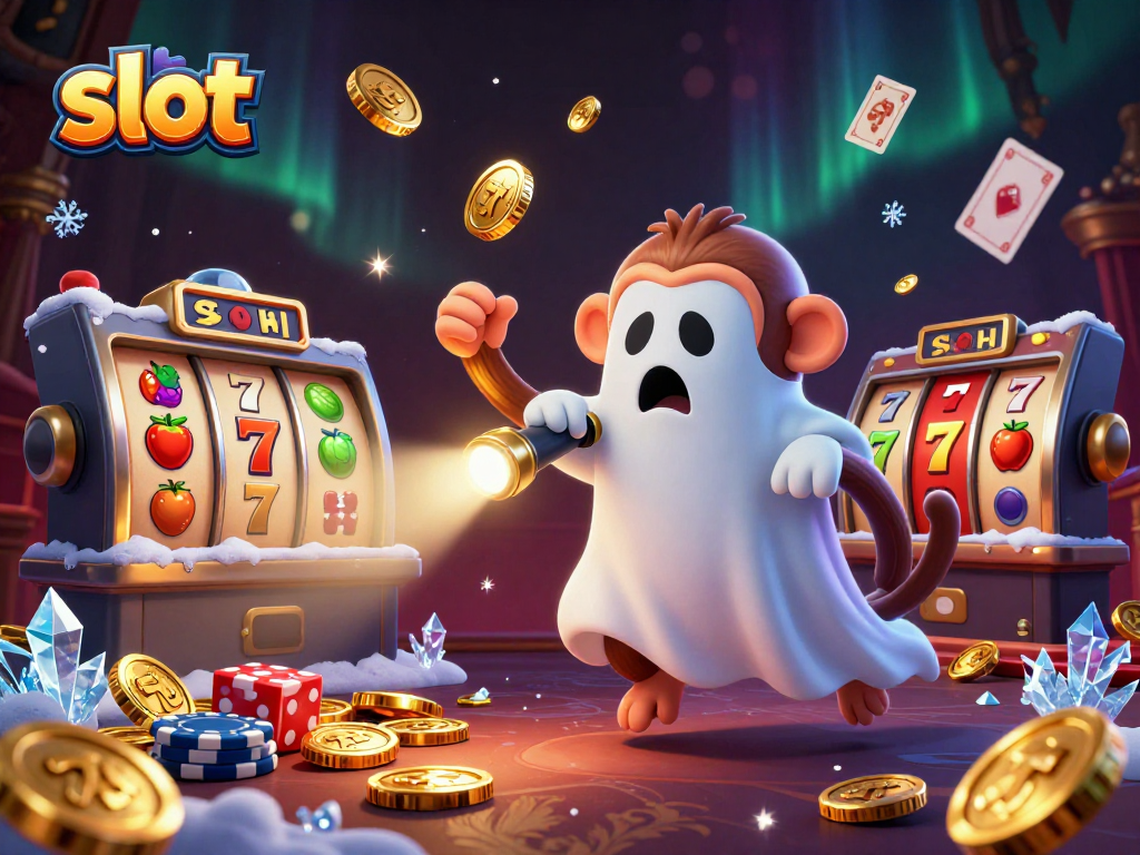 Engage with slot games in a haunted casino featuring a mischievous monkey and a curious puppy.