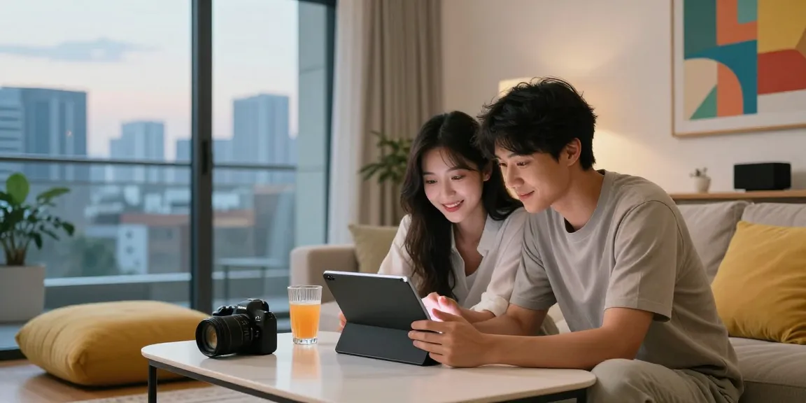 A couple enjoying ari kytsya porn on a tablet in a modern apartment.